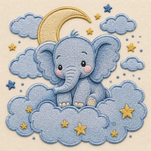 Elephant Embroidery Design, Baby on Moon Clouds, Nursery Machine Embroidery Pattern, Digital Download