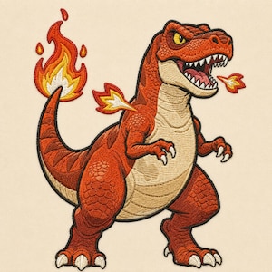 Könnte beinhalten: Ein gestickter Aufnäher, der einen wilden orange-roten Tyrannosaurus Rex mit cremefarbenem Bauch zeigt. Der Dinosaurier hat ein offenes Maul mit sichtbaren Zähnen, Flammen lodern aus seinem Schwanz und Rücken, und eine kleine Flamme ist am Maul.