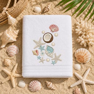 Diseño de bordado de coco y concha marina, colección de perlas y estrellas de mar, decoración costera playera (descarga digital)
