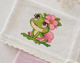 Frog Princess Embroidery Design, Kawaii Flower Dress, Baby Animal Patch (Instant Download)