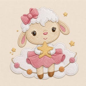Può includere: Un disegno ricamato di un agnello con lana bianca, un fiocco rosa e una gonna rosa, seduto su una nuvola bianca. L'agnello tiene in mano una stella gialla e una fila di piccoli fiori gialli e rosa pende sulla nuvola con stelle aggiuntive.