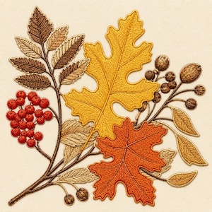 May include: An embroidered patch featuring a cluster of autumn elements including a large yellow oak leaf, a smaller orange oak leaf, a brown pinnate leaf, a branch of small red berries, and a branch with small brown seed pods and leaves.