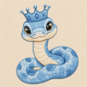 Puede incluir: Un parche bordado que muestra una serpiente azul claro con el vientre color crema y grandes ojos de color marrón oscuro. La serpiente lleva una corona azul claro a juego con detalles en forma de diamante en la cabeza, con puntadas detalladas.