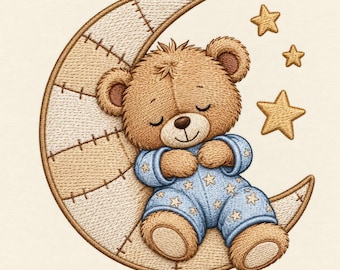 May include: An embroidered design featuring a brown teddy bear with closed eyes sleeping on a beige crescent moon. The bear wears blue pyjamas with a small yellow star pattern. Three yellow stars are positioned to the right of the moon.