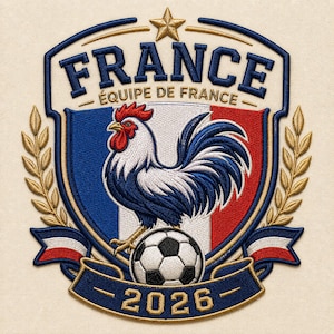 Puede incluir: Un parche bordado con un escudo con la bandera francesa, un gallo y un balón de fútbol. El texto dice FRANCE, ÉQUIPE DE FRANCE y 2026. Incluye una estrella dorada en la parte superior y ramas de laurel doradas a los lados con cintas azules.