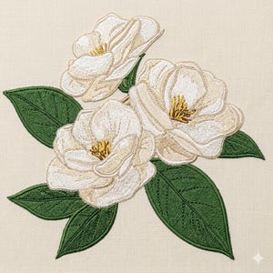May include: An embroidered floral design showing three white magnolia flowers with yellow centres and green leaves. The flowers are detailed with cream-coloured stitching, set against a neutral background.