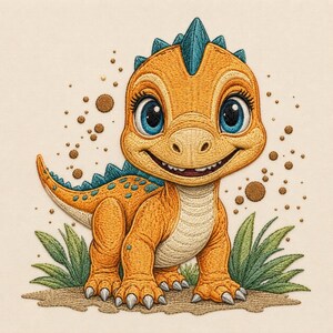 May include: An embroidered design of a cute orange dinosaur with large blue eyes, a cream-colored belly, and teal spikes along its back. The dinosaur stands on a patch of brown ground surrounded by green grass blades and small brown dots.