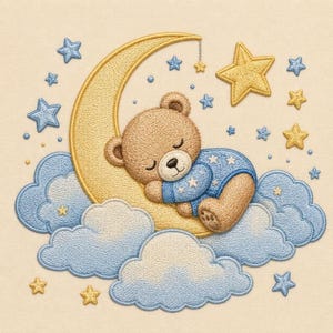Sleeping Bear Embroidery Design, Moon and Stars Nursery Decor (Digital Download)