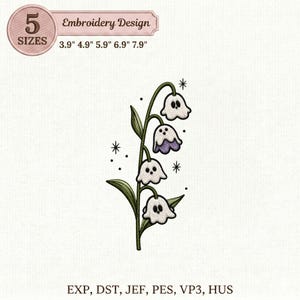 May include: An embroidery design featuring a whimsical floral arrangement with ghost-like flower heads. The design includes the text "Embroidery Design" and lists sizes from 3.9" to 7.9". The design is in shades of green, white, and purple.