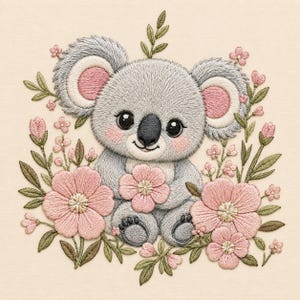 Disegno per ricamo di un koala, cucciolo di koala con fiori, motivo per cameretta a tema bosco (download digitale)