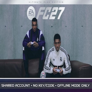 Könnte beinhalten: Eine digitale Werbegrafik für EA Sports FC 27 Ultimate Plus Edition mit zwei Personen, die Gamecontroller halten. Der Text lautet ULTIMATE PLUS EDITION, EA SPORTS FC 27 und SHARED ACCOUNT - NO KEY/CODE - OFFLINE MODE ONLY.