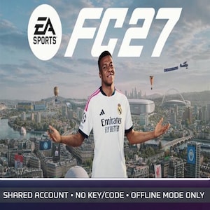 May include: A digital promotional graphic for EA Sports FC 27 featuring a soccer player in a white Real Madrid jersey with the Emirates Fly Better logo. The background shows a cityscape with hot air balloons and the text SHARED ACCOUNT NO KEY/CODE.