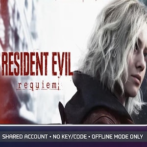 Pode incluir: Uma capa de jogo digital apresentando uma pessoa com cabelo curto, ondulado e claro, vestindo uma peça escura com capuz. O texto RESIDENT EVIL requiem é exibido em vermelho e preto. Um banner inferior diz SHARED ACCOUNT • NO KEY/CODE • OFFLINE MODE ONLY.