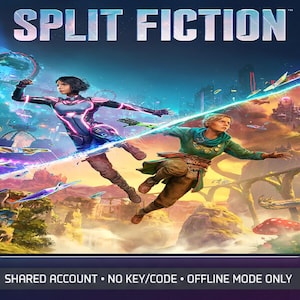 Könnte beinhalten: Ein digitales Spielcover mit dem Titel SPLIT FICTION zeigt zwei Charaktere in der Luft vor einer lebendigen Landschaft. Eine Figur trägt einen dunklen Anzug mit leuchtend rosa Akzenten, die andere grüne und braune Kleidung. Der Text lautet SHARED ACCOUNT • NO KEY/CODE • OFFLINE MODE ONLY.