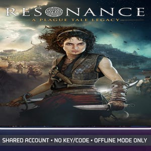 May include: A digital poster for Resonance: A Plague Tale Legacy featuring a central figure with dark curly hair wearing a brown leather vest and arm guards, holding a silver blade. The background shows a landscape with ruins and text at the bottom.