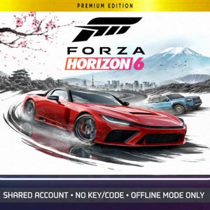 May include: Forza Horizon 6 Premium Edition game cover. A red sports car speeds along a winding road, with a blue SUV in the background. The game's logo is prominently displayed, with a Japanese landscape in the background.