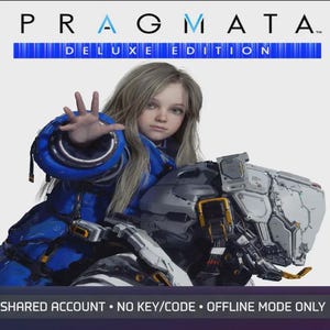Może przedstawiać: Obraz promocyjny gry wideo "Pragmata Deluxe Edition". Obraz przedstawia młodą osobę z długimi włosami ubraną w futurystyczny niebiesko-czarny strój z urządzeniem robota. Tytuł gry znajduje się na górze, a pod nim słowa "Deluxe Edition".