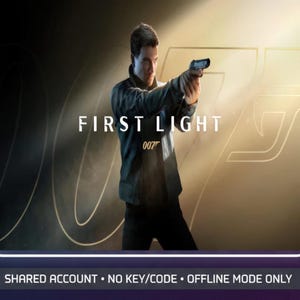 Może przedstawiać: Obraz promocyjny dla "First Light" przedstawiający mężczyznę trzymającego broń palną na złotym i czarnym tle. Tekst "FIRST LIGHT" i "007" są wyraźnie widoczne. Baner na dole zawiera tekst o udostępnianiu konta.