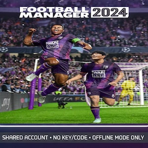 Op de afbeelding: De videogamehoes voor Football Manager 2024 toont twee voetballers in paarse shirts met War Child-branding, vieren op een veld. De tekst luidt Football Manager 2024, Shared Account, No Key/Code en Offline Mode Only.