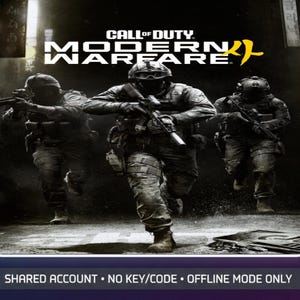 May include: A Call of Duty Modern Warfare II video game cover featuring three soldiers in tactical gear running forward with rifles. The title text is displayed at the top, and the bottom text reads: SHARED ACCOUNT • NO KEY/CODE • OFFLINE MODE ONLY.