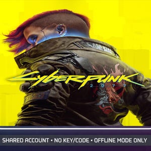 Pode incluir: Um cartaz digital apresentando um personagem com moicano rosa vestindo uma jaqueta marrom com um gráfico vermelho nas costas. O texto Cyberpunk 2077 é exibido em amarelo. Abaixo, o texto diz: SHARED ACCOUNT • NO KEY/CODE • OFFLINE MODE ONLY.