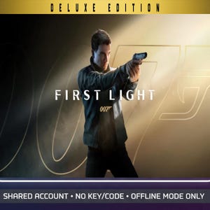 Może przedstawiać: Obraz promocyjny gry wideo "First Light 007". Mężczyzna trzyma broń, z tytułem gry w białych literach. Słowa "Deluxe Edition" znajdują się u góry. Tło to gradient złota i czerni.