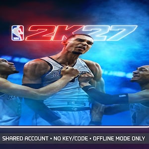 Könnte beinhalten: Ein digitales Videospiel-Cover mit dem Text NBA 2K27 in leuchtend roten und weißen Buchstaben. Drei Basketballspieler in weißen Trikots sind in einer dynamischen Pose vor einem blauen Hintergrund zu sehen. Der Text unten lautet SHARED ACCOUNT • NO KEY/CODE • OFFLINE MODE ONLY.