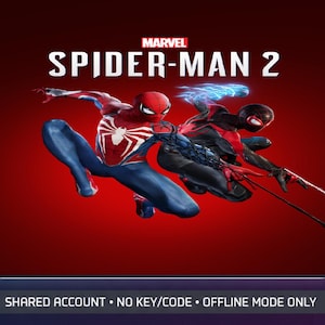 May include: A promotional graphic for Marvel Spider-Man 2 featuring two figures in red, blue, and black suits in dynamic poses against a dark red background. The text reads: MARVEL SPIDER-MAN 2, SHARED ACCOUNT, NO KEY/CODE, OFFLINE MODE ONLY.