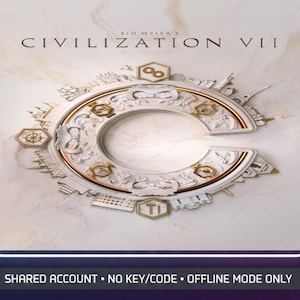 Op de afbeelding: Een digitale afbeelding voor Sid Meier's Civilization VII met een grote witte en gouden letter C omringd door architecturale iconen en symbolen. De tekst onderaan luidt: SHARED ACCOUNT • NO KEY/CODE • OFFLINE MODE ONLY.