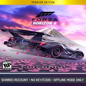Może przedstawiać: Okładka gry Forza Horizon 6 Premium Edition. Czarny samochód sportowy ściga się po krajobrazie z górą i różowymi płatkami kwiatów. Widoczny jest tytuł i klasyfikacja gry.