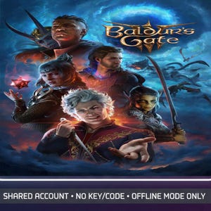 Pode incluir: Uma ilustração digital para o videogame Baldur's Gate 3 com um grupo de diversos personagens em armaduras e roupas de fantasia contra um céu azul escuro. O texto na parte inferior diz: SHARED ACCOUNT • NO KEY/CODE • OFFLINE MODE ONLY.