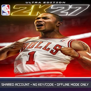 Puede incluir: Una portada de videojuego con un jugador de baloncesto con una camiseta blanca de los Chicago Bulls con el número 1 sobre un fondo rojo. El texto dice ULTRA EDITION 2K27, logo de la NBA y SHARED ACCOUNT NO KEY/CODE OFFLINE MODE ONLY.