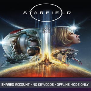 Peut inclure: Une illustration numérique pour le jeu vidéo Starfield montrant une fusée décollant d'une planète, entourée d'une personne en casque spatial, d'une personne barbu et d'une personne regardant vers le haut avec un robot compagnon.