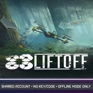 Könnte beinhalten: Eine digitale Grafik mit einer gelb-schwarzen Drohne, die durch einen nebligen Wald fliegt, mit weißen Richtungspfeilen. Der Text "LIFTOFF" erscheint in Weiß, neben "SHARED ACCOUNT • NO KEY/CODE • OFFLINE MODE ONLY".