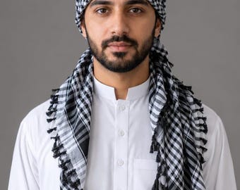 Checkered Keffiyeh Shemagh Scarf, Cotton Linen Tassel Headwrap, Unisex Arab Neck Wrap
