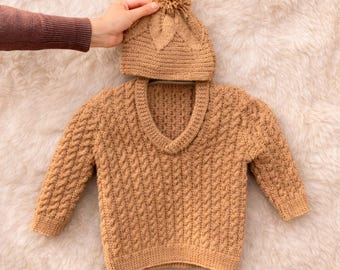 Handmade Baby Cable Knit Sweater and Hat Set | Camel Wool Outfit