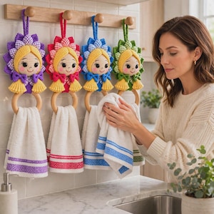 May include: Four crocheted doll towel holders hanging on a wooden rack. Each doll features yellow yarn hair, a smiling face, and a colorful gingham-patterned hood in purple, red, blue, or green. A white towel hangs from each wooden ring.