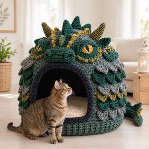 Crochet Dragon Cat Cave Pattern PDF, Fantasy Dragon Pet Bed, Dragon Cat House, Crochet Pet Hideaway, DIY Cat Bed