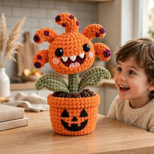 Crochet Halloween Monster Plant Pattern PDF, Cute Pumpkin Pot Amigurumi, Spooky Monster Flower Plush, Fall Crochet Decor