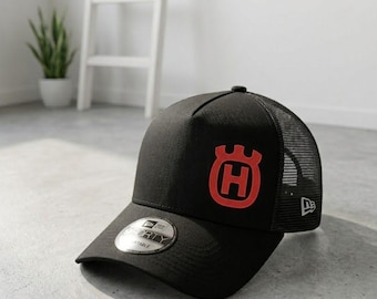 Custom Red Husqvarna Logo Trucker Hat - Side Logo Mesh Cap - Heavy Duty Work Gear - Adjustable Black Mesh Hat