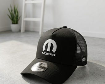 Mopar Mesh Back Trucker Hat - Black Adjustable Hat with Embroidered Logo - Car Lover Accessory - Mopar Racing Trucker Cap