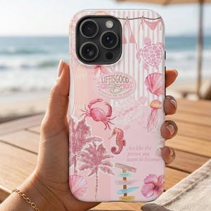 Pink Ocean Life Collage Phone Case Aesthetic Coastal Sea Animal Cover for iP 17 16 15 14 13 12 Pro Max Plus, Crab Shell Seahorse Case
