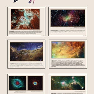 Peut inclure: Une affiche intitulée « List of Content » présentant des images de nébuleuses et d'objets célestes. Les images présentent des couleurs vives et des détails complexes de phénomènes spatiaux, dont la nébuleuse Dumbbell et la nébuleuse Ring. Le logo SnapConcepts est en bas.