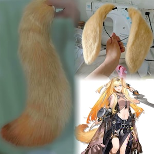May include: A long, plush, light tan faux fur tail with a darker brown tip, paired with a matching set of tall, pointed faux fur animal ears attached to a thin black headband, inspired by the character illustration shown in the corner.