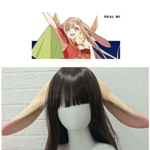 Può includere: Una parrucca con lunghi capelli castano scuro e orecchie da coniglio attaccate. Le orecchie sono di colore beige chiaro con l'interno rosa. L'immagine include anche un'illustrazione di un personaggio dei cartoni animati con lunghi capelli biondi e orecchie da coniglio.