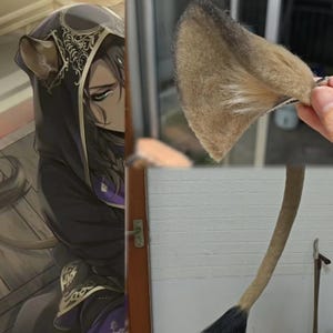 Peut inclure: Un ensemble d'accessoires de cosplay comprenant une paire d'oreilles d'animal en fausse fourrure beige et brune avec des pinces métalliques et une longue queue fine beige avec une touffe noire au bout, inspiré du personnage illustré.