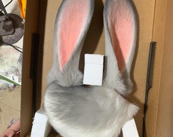 Hand-Sewn Rabbit Ears and Tail Cosplay Kit, Gray Rabbit Ears Headband, Alice Bunny Ears Headband, Furry Bunny Tail, Halloween Costume