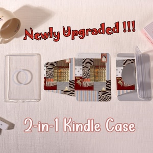 May include: A 2-in-1 Kindle case featuring a clear shell with a circular ring and a separate insert with a collage of zebra stripes, blue stripes, and red accents. The text Newly Upgraded !!! and 2-in-1 Kindle Case is printed on the image.