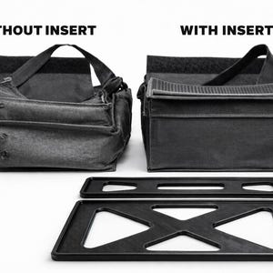 May include: Black tote bag with and without an insert, and two black plastic inserts. The bag on the left is without the insert, and the bag on the right is with the insert. The text "WITHOUT INSERT" and "WITH INSERT" are above the bags.