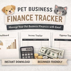 Könnte beinhalten: Eine digitale Finanz-Tracker-Vorlage für Haustierunternehmen mit Dashboard, Einnahmen- und Ausgabenübersicht. Das Design enthält Illustrationen von Hund und Katze, einen Taschenrechner, US-Währung und den Text PET BUSINESS FINANCE TRACKER.